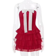 Bowknot applique ruched ruffle lace up tube mini skirt set-final-sale