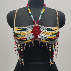 Halter beaded hollow out backless tassels cut out top