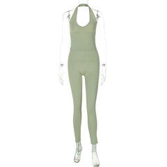 Halter u neck solid backless pant set