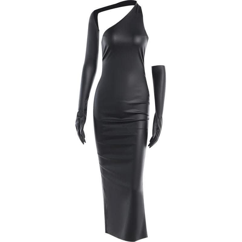 Gloves solid PU leather irregular one shoulder slit midi dress-final-sale
