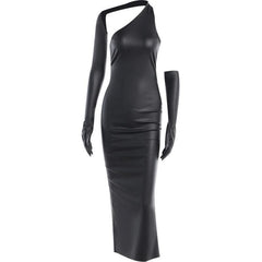 Gloves solid PU leather irregular one shoulder slit midi dress-final-sale