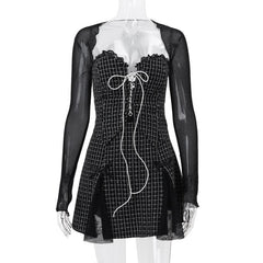 Long sleeve mesh plaid bowknot lace up shrug 2 piece mini dress-final-sale