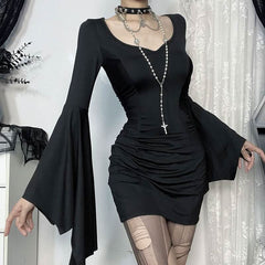 Ruched long flared sleeve v neck solid mini dress