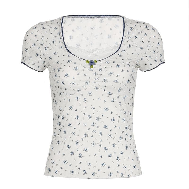 Short sleeve patchwork flower applique print top