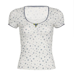 Short sleeve patchwork flower applique print top