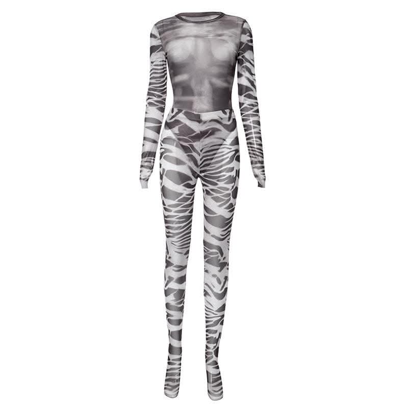 Gloves contrast print long sleeve sheer mesh see through bodysuit pant set-final-sale