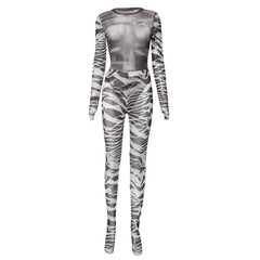 Gloves contrast print long sleeve sheer mesh see through bodysuit pant set-final-sale