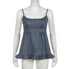 U neck plaid print patchwork lace hem ruffle top