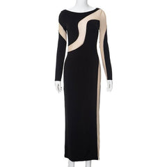 Mesh patchwork contrast irregular long sleeve maxi dress-final-sale