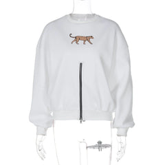 Long sleeve crewneck leopard pattern zip-up top