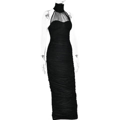 High neck ruched glitter zip-up slit backless maxi dress