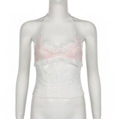 Halter u neck lace hem ruffle top