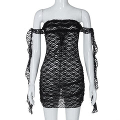 Off shoulder ruffle lace bowknot see through mini dress-final-sale