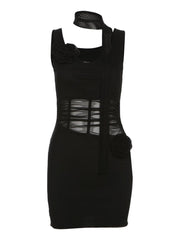 Cowl neck sheer mesh flower applique cami mini dress