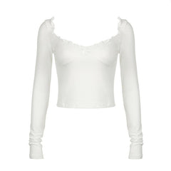 Long sleeve bowknot sweetheart neck ruffle top