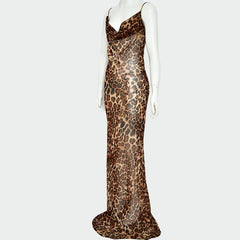 Leopard print cowl neck sheer mesh cami maxi dress