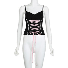 Lace up stitch ribbon sweetheart neck bustier cami top