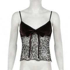V neck velvet leopard print mesh bowknot cami top