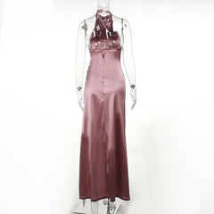 Ruched solid satin zip-up halter backless slit maxi dress-final-sale