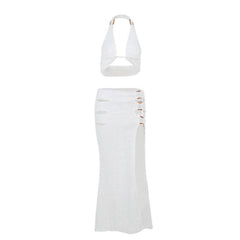 Halter hollow out slit self tie irregular cut out midi skirt set