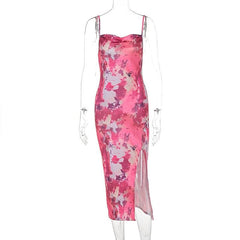Cowl neck ruched print slit cami midi dress