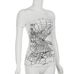 Off shoulder ribbed spider web print top