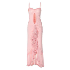 Ruffle high slit ruched hollow out cami cut out maxi dress