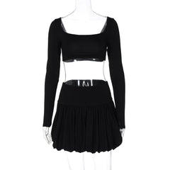 Long sleeve square neck ruched solid mini skirt set