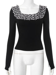 Long sleeve u neck leopard print patchwork top