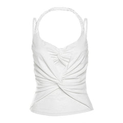Halter ruched lace patchwork v neck cami top