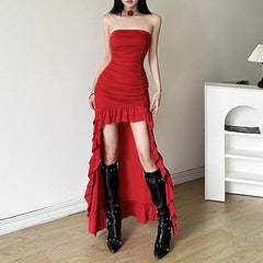 Ruched ruffle solid backless tube maxi dress-final-sale