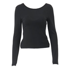 Long sleeve round neck solid backless slit top