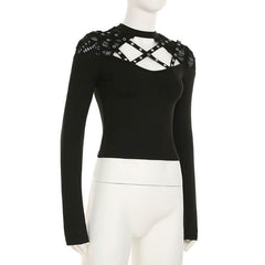 Long sleeve crewneck hollow out cut out top