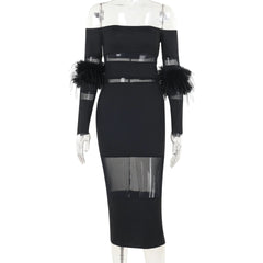 Off shoulder long sleeve fluffy mesh patchwork mini dress