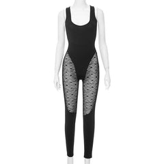 U neck sleeveless lace patchwork solid jumpsuit-final-sale