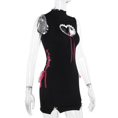 High neck heart pattern hollow out lace up cut out mini dress-final-sale