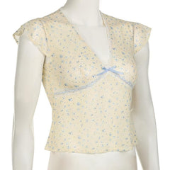 Cap sleeve v neck print bowknot lace hem top