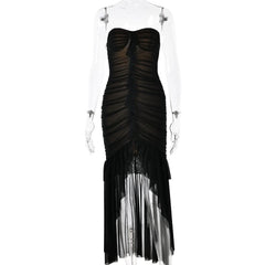 Sweetheart neck ruched ruffle tube midi dress-final-sale