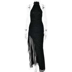 Halter self tie irregular backless slit maxi dress