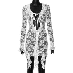 Long flared sleeve lace see through ruffle self tie mini dress-final-sale