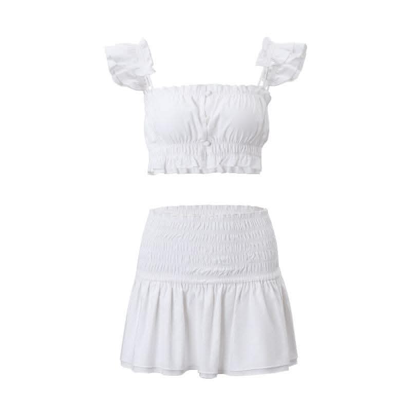 Smocked solid cap sleeve ruffle button mini skirt set-final-sale