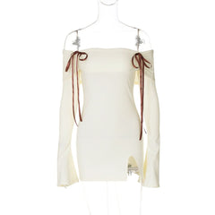 Off shoulder long flared sleeve bowknot ribbed mini dress