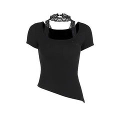 Short sleeve u neck halter lace irregular top