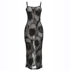 Rose pattern fishnet see through cami midi dress