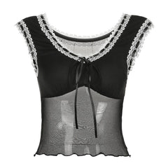 Lace hem mesh bowknot ribbon ruffle top