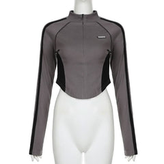 High neck long sleeve tag zip-up top