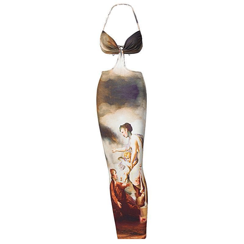 Hollow out halter print tie open back cut out maxi dress