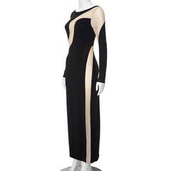 Mesh patchwork contrast irregular long sleeve maxi dress-final-sale