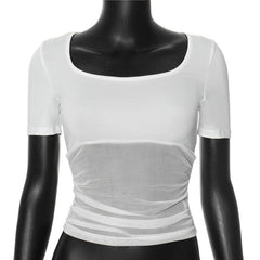 Short sleeve square neck mesh patchwork top