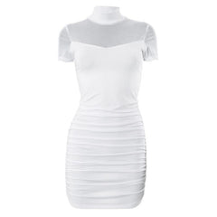 High neck short sleeve mesh patchwork ruched solid mini dress-final-sale